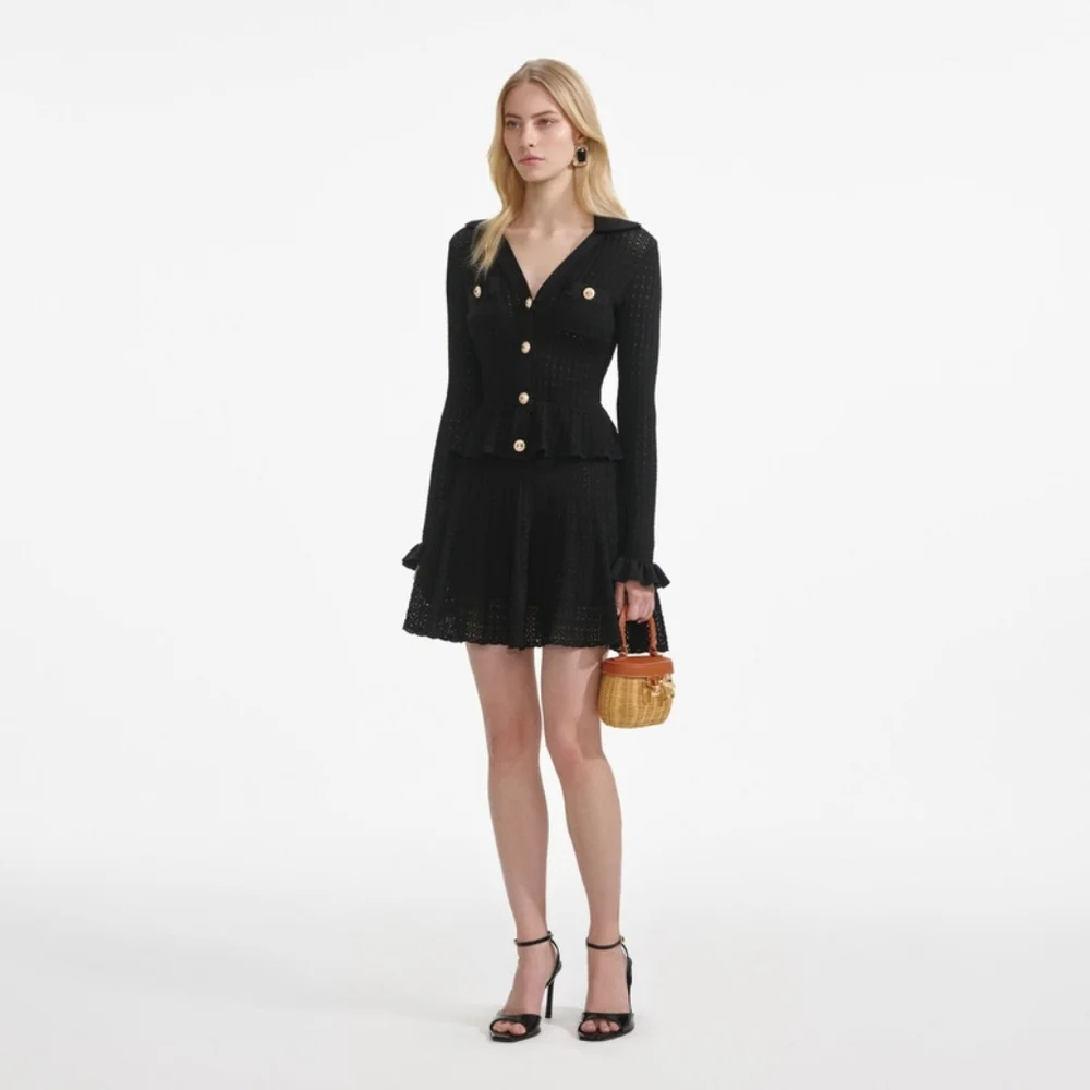 Self-portrait Black Pointelle V Neck Knit Mini Dress - Picture 2 of 9